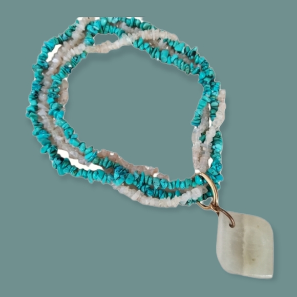 Vintage Jewelry - Vintage Boho Turquoise Agate & Moonstone Necklace